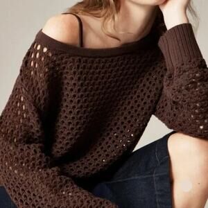 J.Crew M Crochet Pointelle Knit Crop Sweater | Espresso Brown 100% Cotton, NWOT